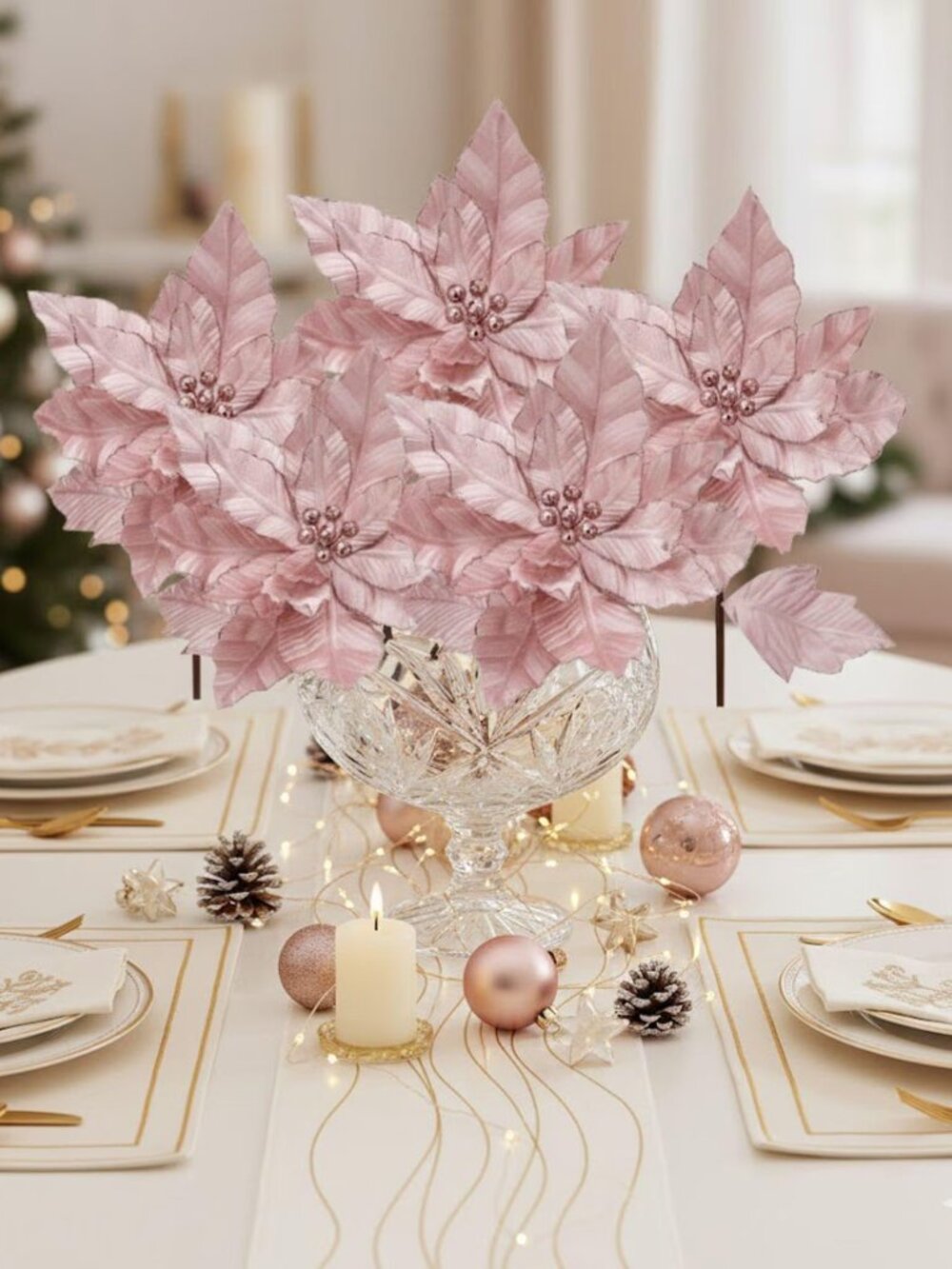 Blush Pink Velvet With Glitter Poinsettia Stem Christmas Holiday Tree Pick